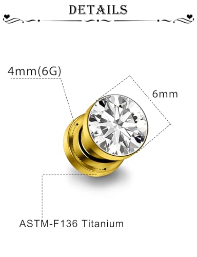 Astm F136 Titanium CZ Ear Gauges Screw Fit Flesh Tunnels Plugs Gauges Earring Expander Stretcher Ear Tunnels For Ears 10G 8G 6G 4G 2G 0G 00G Plug Earrings Body Piercing Jewelry For Women Men - color: 6G Gauges, Gold