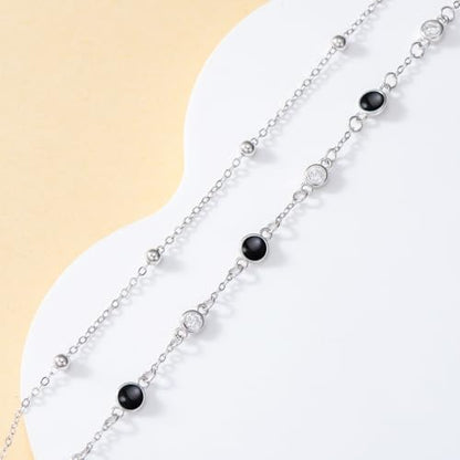 HPQQ Anklets for Women 925 Sterling Silver Natural Stone Layered Anklet Beach Summer Fine Jewelry Birthday Mothers Day Gifts for Women Mom Her - color: Black Onyx 9"-11"