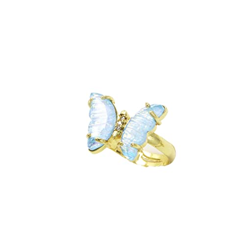 COLORFUL BLING Adjustable Elegant Transparent Crystal 3D Butterfly Rings for Women Aesthetic Gold Plated Cute Animal Insect Open Finger Cuff Ring Birthday Valentine Gifts - color: pure light blue