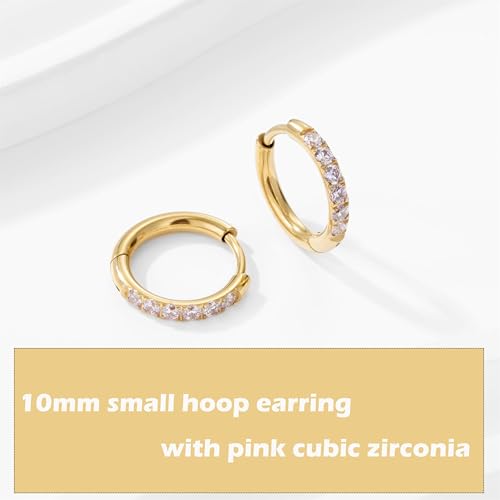 Hypoallergenic Unisex Surgical Steel Small Cubic Zirconia Huggie Hoop Earring, Color Gold - Silver - Rose Gold - Black - Rainbow, Size 6mm- 12mm Safe for Sensitive Ear - style: 10MM Gold Hoops, Pink CZ