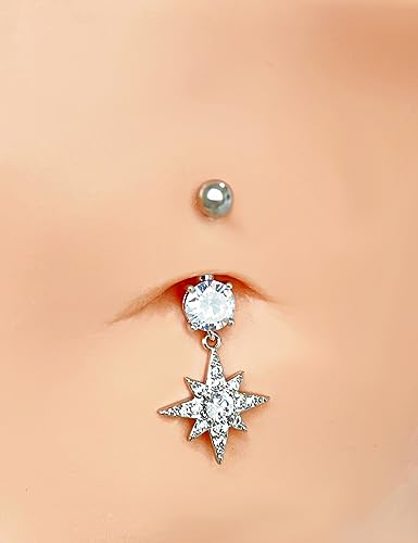 Belly Button Ring Dangle, Cross Belly Button Ring, Navel Piercing | 316L Surgical Steel, AAA+ Cubic Zirconia, Nickel-Free, Hypoallergenic, Multi-Style, 14 Gauge 10 mm Screw On Piercing Stud - style: Dangling Octagon