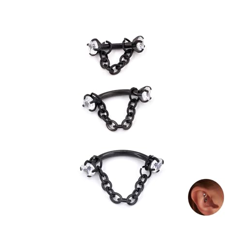3 Pcs 316L Stainless Steel 16G Tragus Helix Rook Piercing Jewelry with Chain, Cartilage Earrings for Women, Belly Button Ring Vertical Labret Lip Piercing Jewelry - color: Black, size: Prong Setting