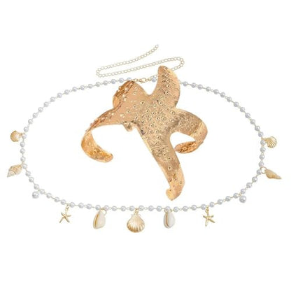 Blue Drop Starfish Waist Chain Belt and Arm Cuff Set for Women Starfish Shell Bracelet Gold Plated Cuff Bangle Arm Boho Holiday Beach Accessories Jewelry - color: Cuff with Pearl Waist Chain