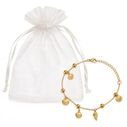 LESLIE BOULES 18K Gold Plated Beach Anklet for Women, Seashell and Conch Charm Chain Bracelet