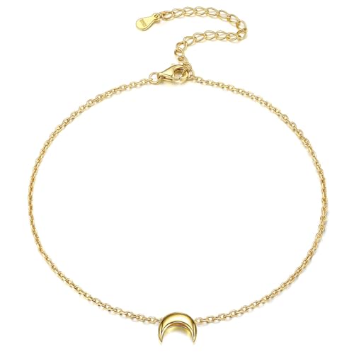 ChicSilver Personalized 925 Sterling Silver Tiny Heart/Moon/Star/Sun/Dot/Triangle Anklets Simple Dainty Foot Jewelry for Women, Silver/Gold Plated/Rose Gold Plated - style: Gold Moon