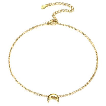 ChicSilver Personalized 925 Sterling Silver Tiny Heart/Moon/Star/Sun/Dot/Triangle Anklets Simple Dainty Foot Jewelry for Women, Silver/Gold Plated/Rose Gold Plated - style: Gold Moon