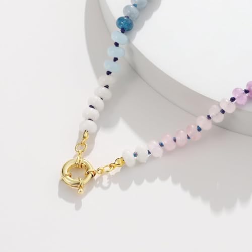 KissYan Beaded Gemstone Necklaces for Women | Colorful Bead Natural Stone Choker with 14K Gold Plated Spring Ring Clasp, Handmade Knot Jewelry for Summer Beach - color: H-Blue & Purple