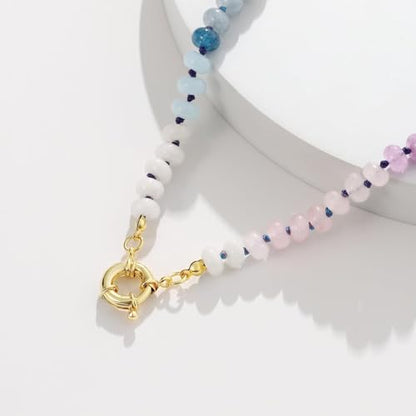 KissYan Beaded Gemstone Necklaces for Women | Colorful Bead Natural Stone Choker with 14K Gold Plated Spring Ring Clasp, Handmade Knot Jewelry for Summer Beach - color: H-Blue & Purple