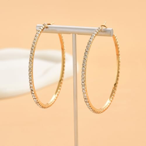 80mm Rhinestone Hoop Earrings for Women Sparkly Earrings Cubic Zirconia Circle Earring Exaggerated Prom Earring Large Rhinestones Round Hoop Earrings Silver Prom Jewelry for Party Wedding Birthday - color: Gold
