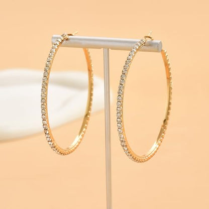 80mm Rhinestone Hoop Earrings for Women Sparkly Earrings Cubic Zirconia Circle Earring Exaggerated Prom Earring Large Rhinestones Round Hoop Earrings Silver Prom Jewelry for Party Wedding Birthday - color: Gold