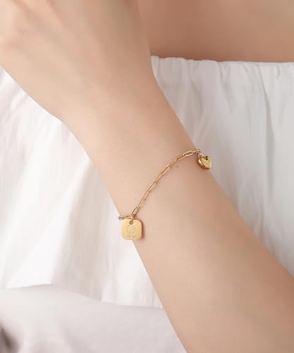 18K Gold Plated Paperclip Link Chain Bracelet with Charms, Gift with a Box - color: Heart and Smile