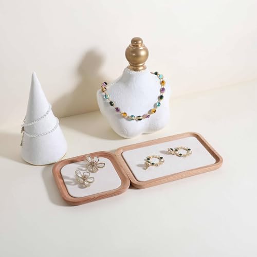 velvet Jewelry organizer tray, Beech wood Jewelry Display Plate, Beige Jewelry Viewing Tray, Jewelry showcase tray for Necklace Bracelet Ring Earring stand holder (Cream-Medium,7.1x 5.1 in) - size: Medium