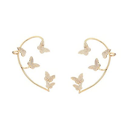 Luxury 3D Butterfly Cuff Earrings Ear Wrap Earrings Crystal CZ No Piercing Ear Clip Crawler Full Rhinestone for Women Wedding Jewelry - style: 1 Pairs Gold