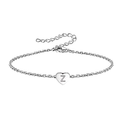 KunBead Initial Engraved Letter Bracelets Dainty Mini Size Heart Love Charm Stainless Steel Bracelets for Women Birthday Jewelry - style: Z