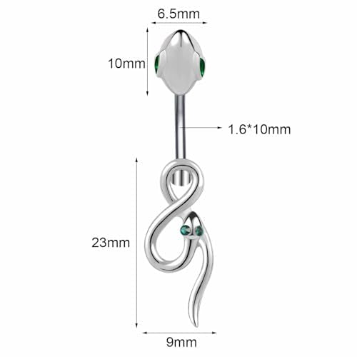 14G Surgical Stainless Steel Dangle Belly Button Rings for Women Belly Ring Dangling Piercing Jewelry CZ Snake lizard Skull Spider bat Halloween Party Punk Rock - style: Green eyed snake shape
