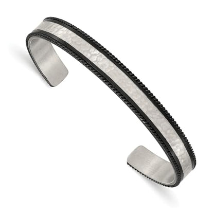 Hammered & Brushed Cuff Bangle in Stainless Steel with Black IP Plating