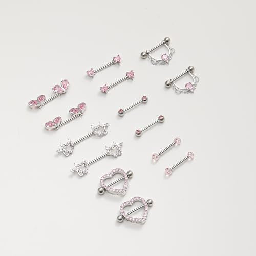 7 Pairs Nipple Rings for Women 14G Stainless Steel Pink CZ Heart Devil Acrylic Ball Straight Barbell Nipple Bars Tongue Rings Set Cute Nipplerings Piercing Jewelry Sliver Tone - color: Pink