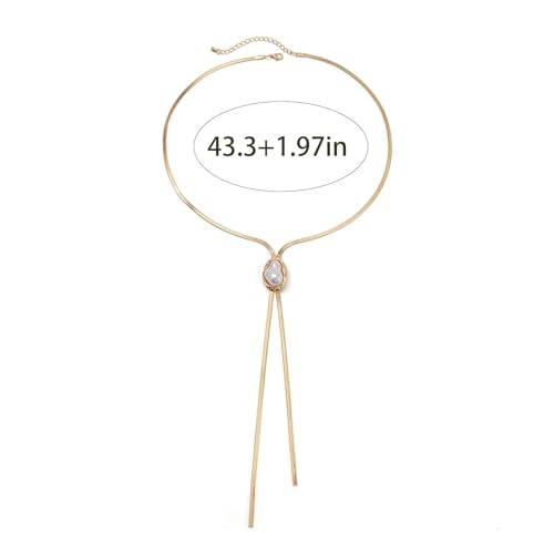 Long Baroque Pearl Gold Necklace for Women, Trendy Layered Geometric Lariat Statement Y Necklaces, Dainty Flat Snake Herringbone Link Body Chain Jewelry Accessories