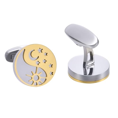 Gold Cufflinks Men, Cufflink Silver Stainless Steel Sun Moon Star Shirt Tuxedo Suit Cuff Links Women's Jewelry for Formal Event Wedding