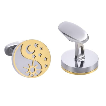 Gold Cufflinks Men, Cufflink Silver Stainless Steel Sun Moon Star Shirt Tuxedo Suit Cuff Links Women's Jewelry for Formal Event Wedding