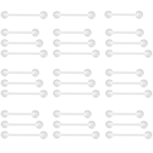Clear Tongue Barbell Piercing Set for Women Men 14 G Acrylic Long Hypoallergenic Belly Button Ring Plastic Nipple Rings Kit Piercings Retainers Bars Jewelry Cute Body Jewellery 30 pcs Size 14-19 MM