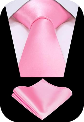TIE G Solid Satin Woven dyed Color Formal Black Necktie and Pocket Square Sets in Gift Box - color: Hot Pink