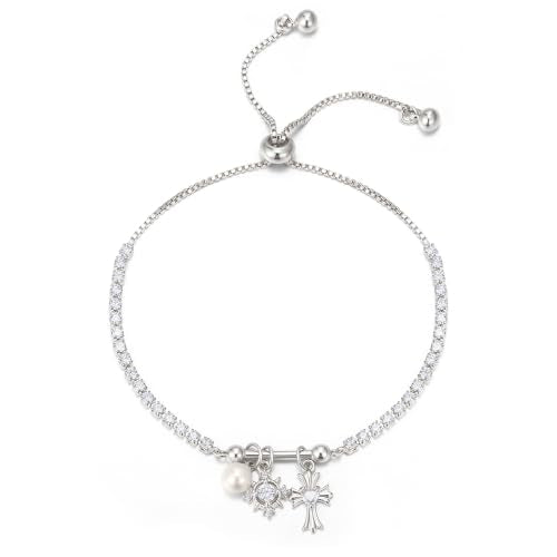 FANZE Gold Plated Cubic Zirconia Tennis Bracelets for Women Dainty Trendy Adjustable Bracelet Jewelry Gift for Ladies Wedding Mother Birthday Anniversary - style: Silver Charm