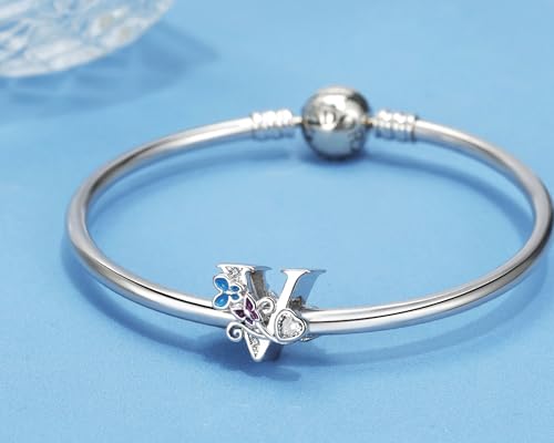 S925 Silver Butterfly Initial Letter Charms Fit for Pandora Charms Bracelets and Necklace Alphabet Bead Charms Jewelry Gifts for Women - color: V