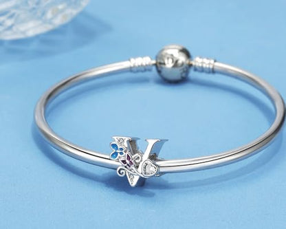 S925 Silver Butterfly Initial Letter Charms Fit for Pandora Charms Bracelets and Necklace Alphabet Bead Charms Jewelry Gifts for Women - color: V