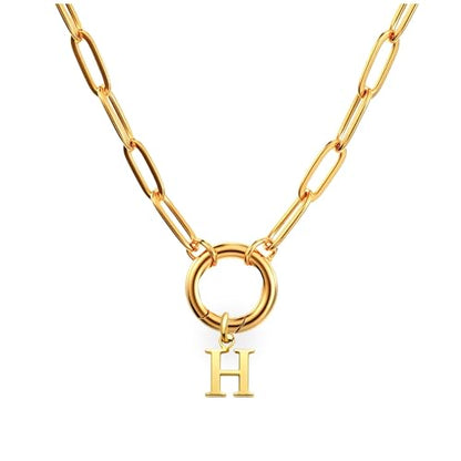 Paperclip Chain Carabiner Initial Charm Holder Necklace by Ginger Lyne | 18K Gold-Plated or Silver Tone Paperclip Chain with Carabiner Charm Holder, Adjustable 18-20 Inch, A-Z Initial Pendant - color: Gold-H