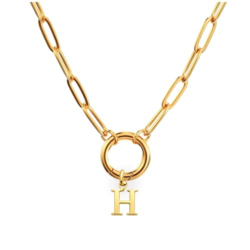 Paperclip Chain Carabiner Initial Charm Holder Necklace by Ginger Lyne | 18K Gold-Plated or Silver Tone Paperclip Chain with Carabiner Charm Holder, Adjustable 18-20 Inch, A-Z Initial Pendant - color: Gold-H