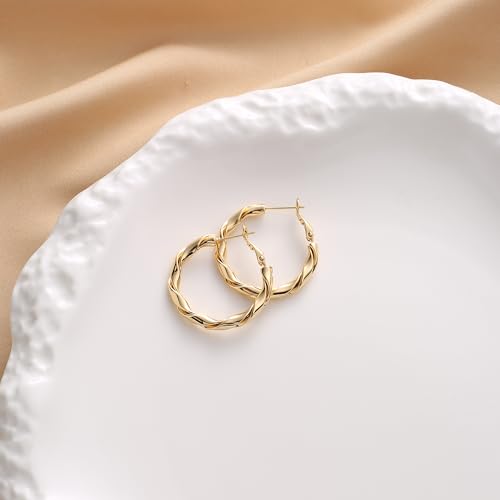 14k Gold Plated Hoop Earrings for Women, 925 Sterling Silver Posts Thick Twist Hypoallergenic Chunky Large Earrings 20mm 30mm 40mm 50mm - color: Yellow Gold, size: 30mm