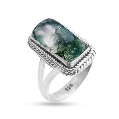 Solid 925 Sterling Silver Ring For Women, Gemstone Ring, Silver Statement Ring, June Birthstone, Bezel Set Rectangle White Gemstone Hypoallergenic Art Deco Ring Christmas Gift