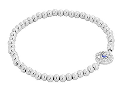 Women Evil Eye Ball chain Elastic bracelet with CZ Cubic Zirconia - color: Silver