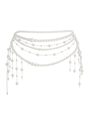 Pearl Tassel Wasit Chain for Women body chain Multi-layer White Pearl Tassel Belly Chain Belts for Women Long Tassel Pendant Layered Pearls Belt for Dresses Wedding Bridal Rave Body Jewelry Accessories
