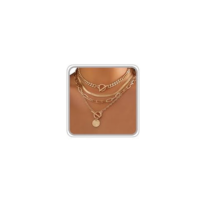 Otxas Layered Gold Necklaces for Women Non Tarnish Chunky Necklace | Stacked Necklaces for Women Heart Pendant Toggle Necklace Paperclip Chain Necklaces for Daily Wear, Party, Gift - style: Style 6