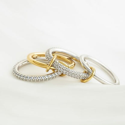 BKC Gold Stackable Rings for Women, 14k Gold Plated Chunky Statement Cubic Zirconia Rings, Silver Gold Multi Ring Interlocking Mixed Metals Stack Rings Set Non Tarnish - color: Whisper set, size: 6