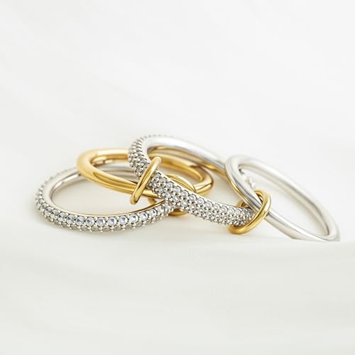 BKC Gold Stackable Rings for Women, 14k Gold Plated Chunky Statement Cubic Zirconia Rings, Silver Gold Multi Ring Interlocking Mixed Metals Stack Rings Set Non Tarnish - color: Whisper set, size: 5