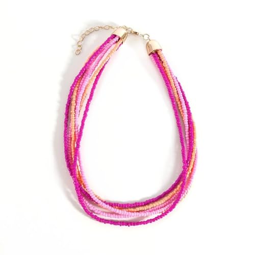 Colorful Multi-layered Seed Beaded Necklace Choker For Women Bohemian Handmade Crystal Stone Gemstone Hawaiian Necklace Holiday Birthday Summer Beach Jewelry Gift - color: Pink