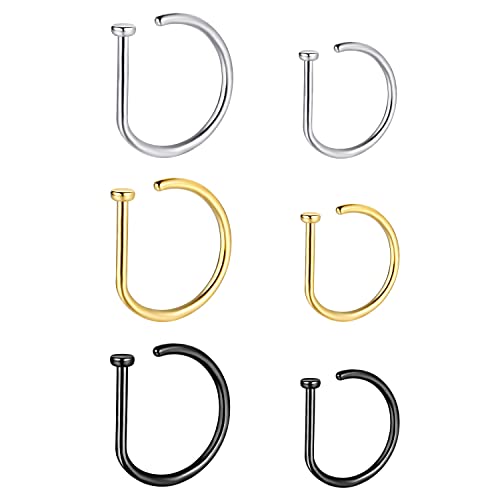 VOJO G23 Titanium 20G Nose Rings Hoops L Shaped Screw Nose Studs Diamond Small Piercing Jewelry for Women Men - color: D Nose Hoop Silver Gold Black,20G 8mm+10mm