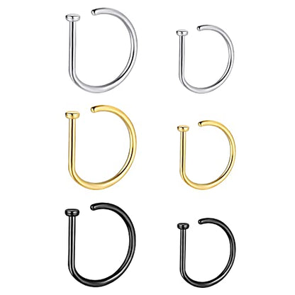 VOJO G23 Titanium 20G Nose Rings Hoops L Shaped Screw Nose Studs Diamond Small Piercing Jewelry for Women Men - color: D Nose Hoop Silver Gold Black,20G 8mm+10mm