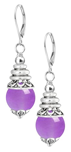 Natural 10mm Stone Beads Drop Earrings,Retro Silver Round Quartz Crystal Gemstone Beads Dangle Earrings for Women - color: A03_Purple Quartz Jasper