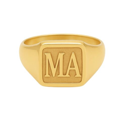 Customized Initial Pinky Ring Personalized Raised Engraved Letter Monogram Statement Signet Rings for Women Men - color: Gold -Square
