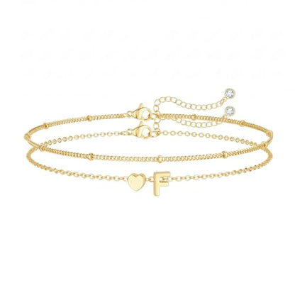 Gold Initial Bracelets for Women Trendy, Dainty Layered 14K Gold Plated Heart Letter Charm Bracelets, letter beads for name bracelets Jewelry Gifts - color: Gold-F