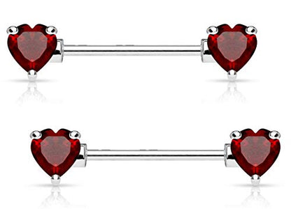 Forbidden Body Jewelry Pair of Surgical Steel 1/2-5/8 Inch (12-16mm) Cubic Zirconia Crystal Double Heart Nipple Barbells - style: Red