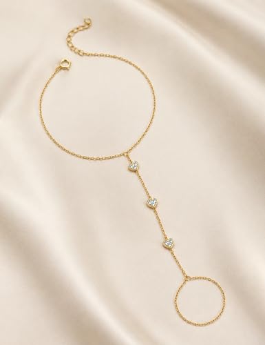 925 Sterling Silver Hand Chain Bracelet for Women | 14k Gold Plated CZ Crystal Heart Starburst Ring Bracelets Hand Chain Diamond Layered Stackable Link Chain Beach Jewelry Gifts - color: GoldC
