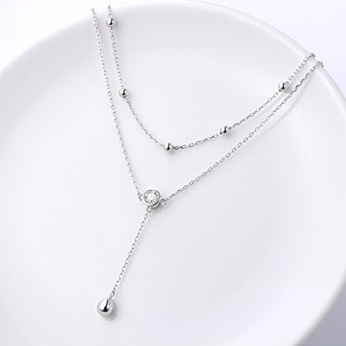 FLYOW Layered Necklace S925 Sterling Silver Y Shaped Jewelry - style: One Round CZ Style