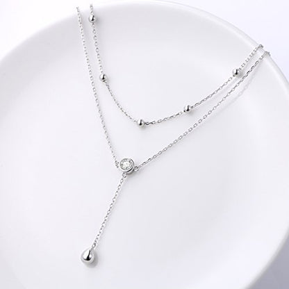 FLYOW Layered Necklace S925 Sterling Silver Y Shaped Jewelry - style: One Round CZ Style