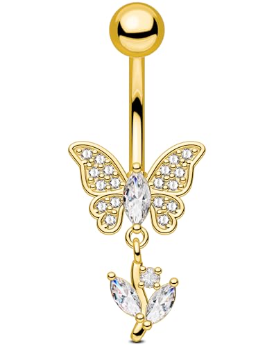 OUFER Gold Belly Button Ring, 14G Butterfly Dangle Belly Button Piercing, Pave Clear CZ Belly Rings, 316L Surgical Steel Navel Belly Piercing Jewelry For Women - style: Leaf Dangle