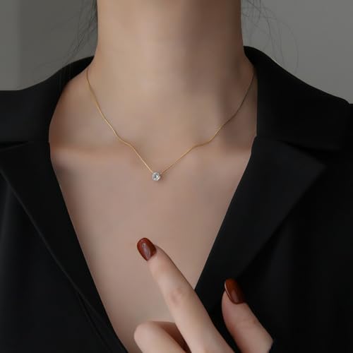 Titanium Steel Cubic Zirconia Pendant Necklace for Women, 1 Piece 16"+2" Adjustable Hypoallergenic Non-Tarnish Dainty Rolo Chain, Minimalist Sparkly Everyday Solitaire Necklace - color: Gold